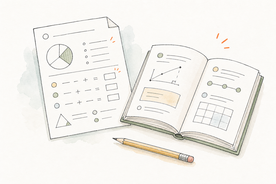 Workbook and source paper in a soft watercolor style