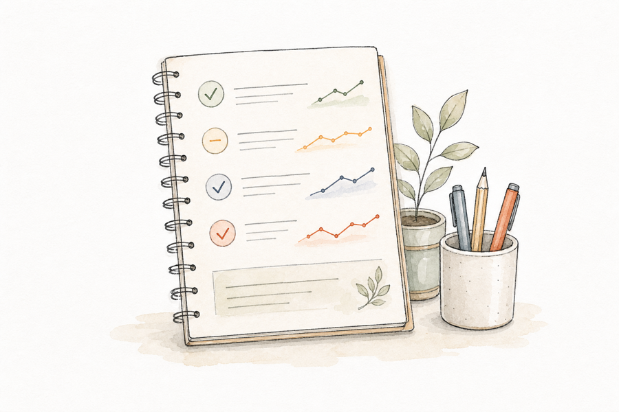 Watercolor notebook showing a teacher view of learner progress