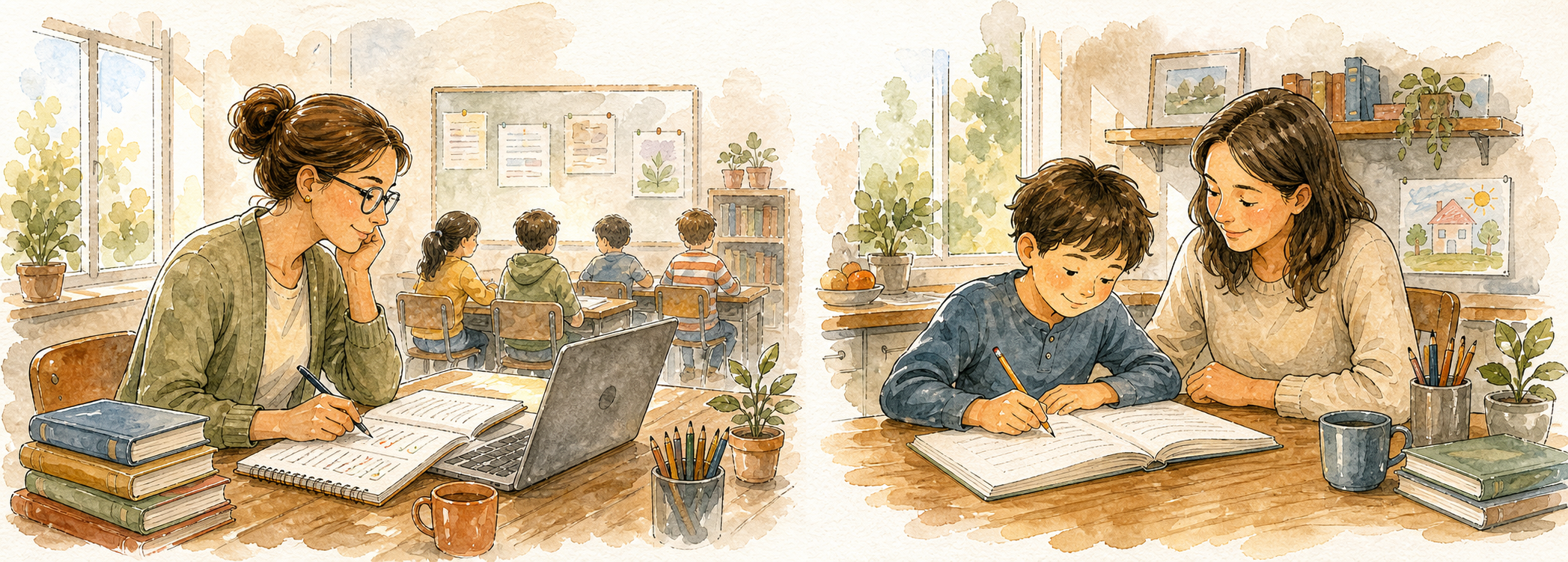 A teacher reviewing student learning in class while a learner continues guided practice at home